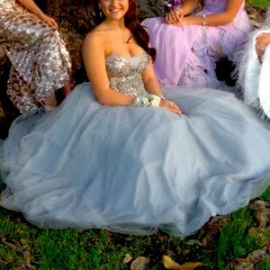Terani Couture Pageant/Prom Gown-Champagne colored fitted bodice & grey skirt.